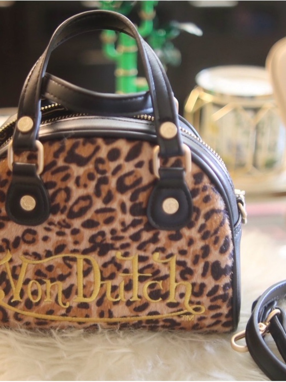Von Dutch Leopard Print Mini Top-Handle Bag in Brown and Black